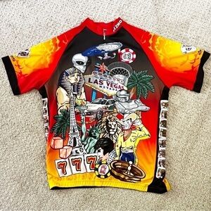 Gizmo Las Vegas Cycling Jersey Mens Orange Elastic Waist Bar Tacked Pockets Zip